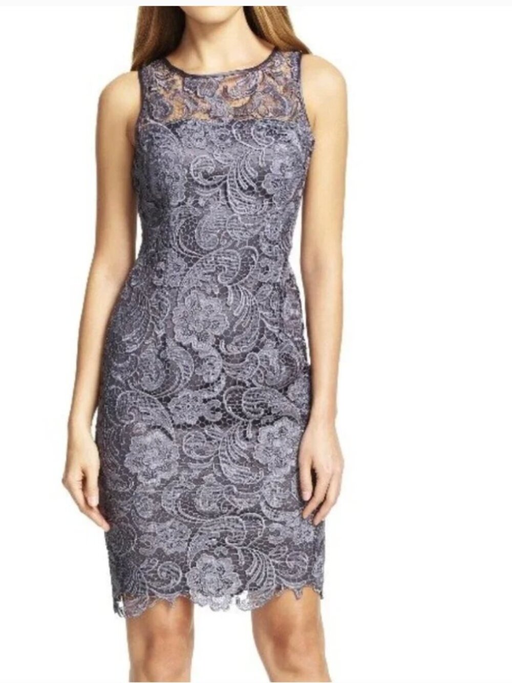 Adrianna Papell Illusion Lace Sleeveless Sheath Dress Gray Charcoal SIZE 6
